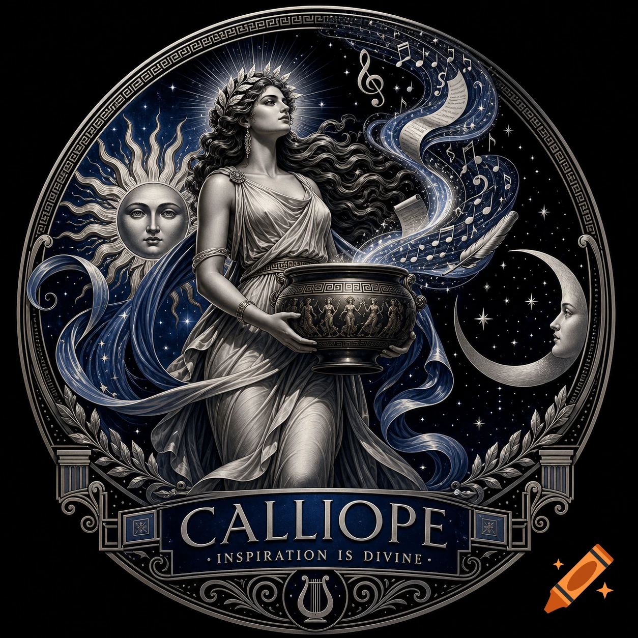 Art Deco logo of Greek muse Calliope holding a cauldron emitting music, flanked by a sun and moon, against a starry night.