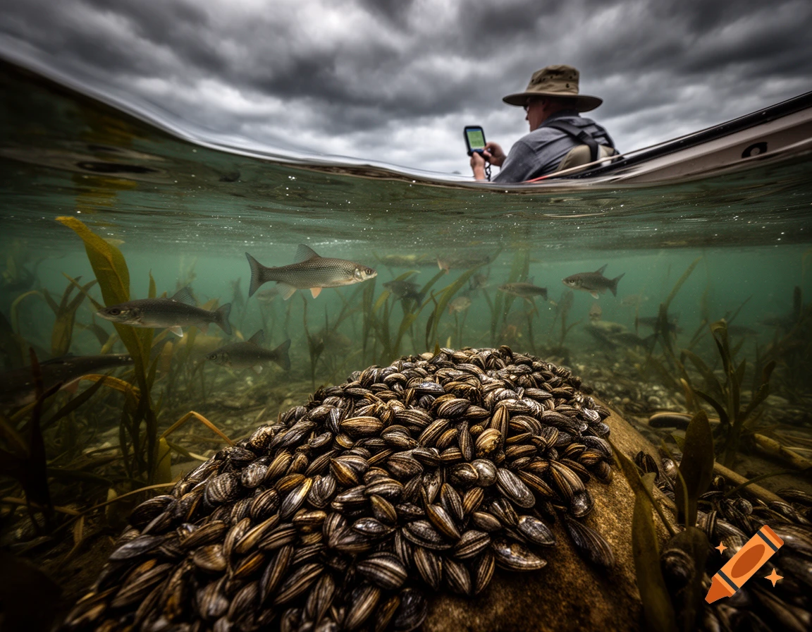 Split-level photorealistic view of a person in a boat under a cloudy sky, and underwater fish and mussels.