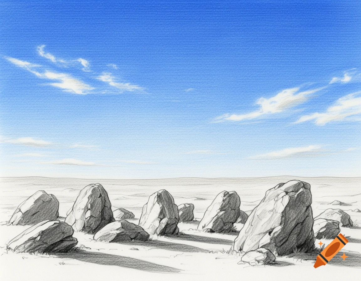 A colored pencil drawing of a sunny landscape featuring scattered large rocks under a bright blue sky with wispy white clouds.