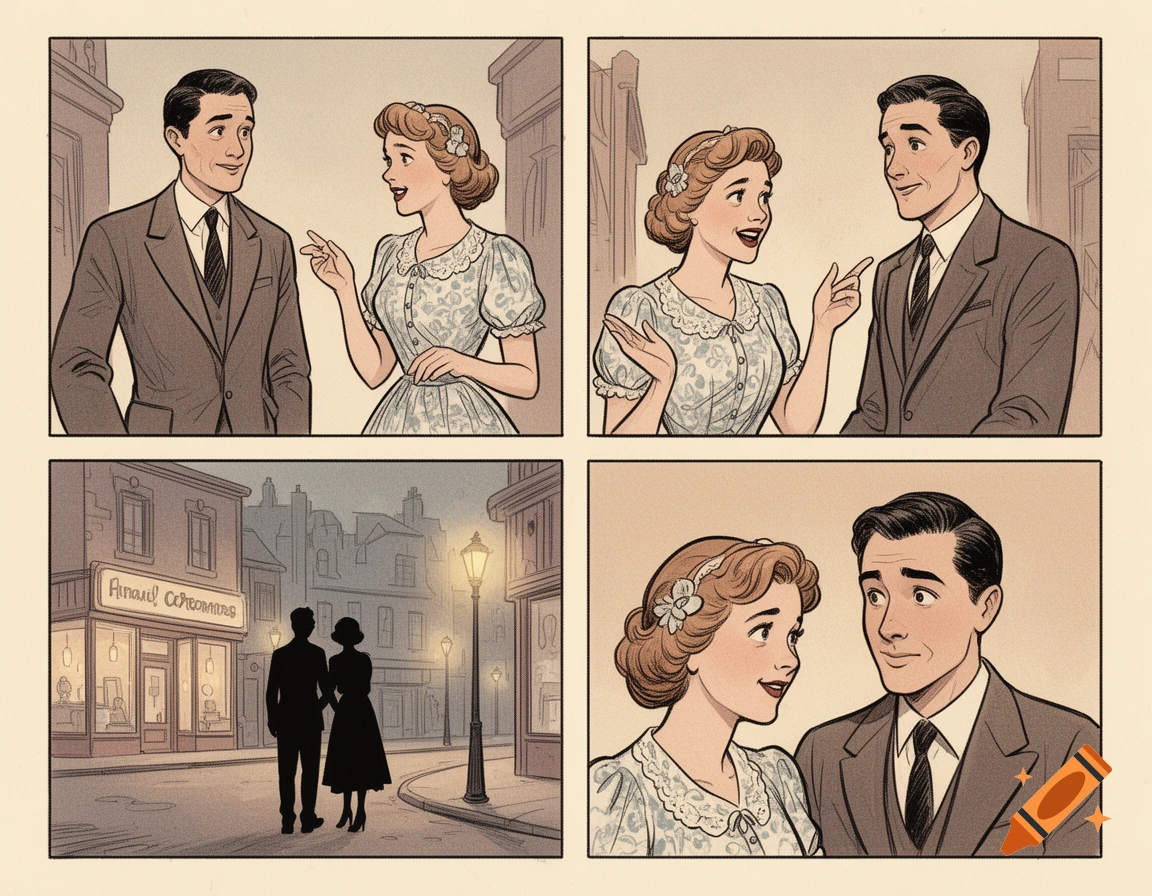 A four-panel vintage-style comic showing a man and woman talking, and a couple walking on a city street at night.