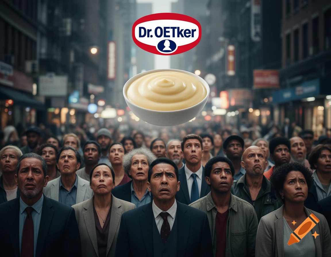 A diverse crowd of people in a city street look up in awe at a floating bowl of Dr. Oetker pudding and brand logo.