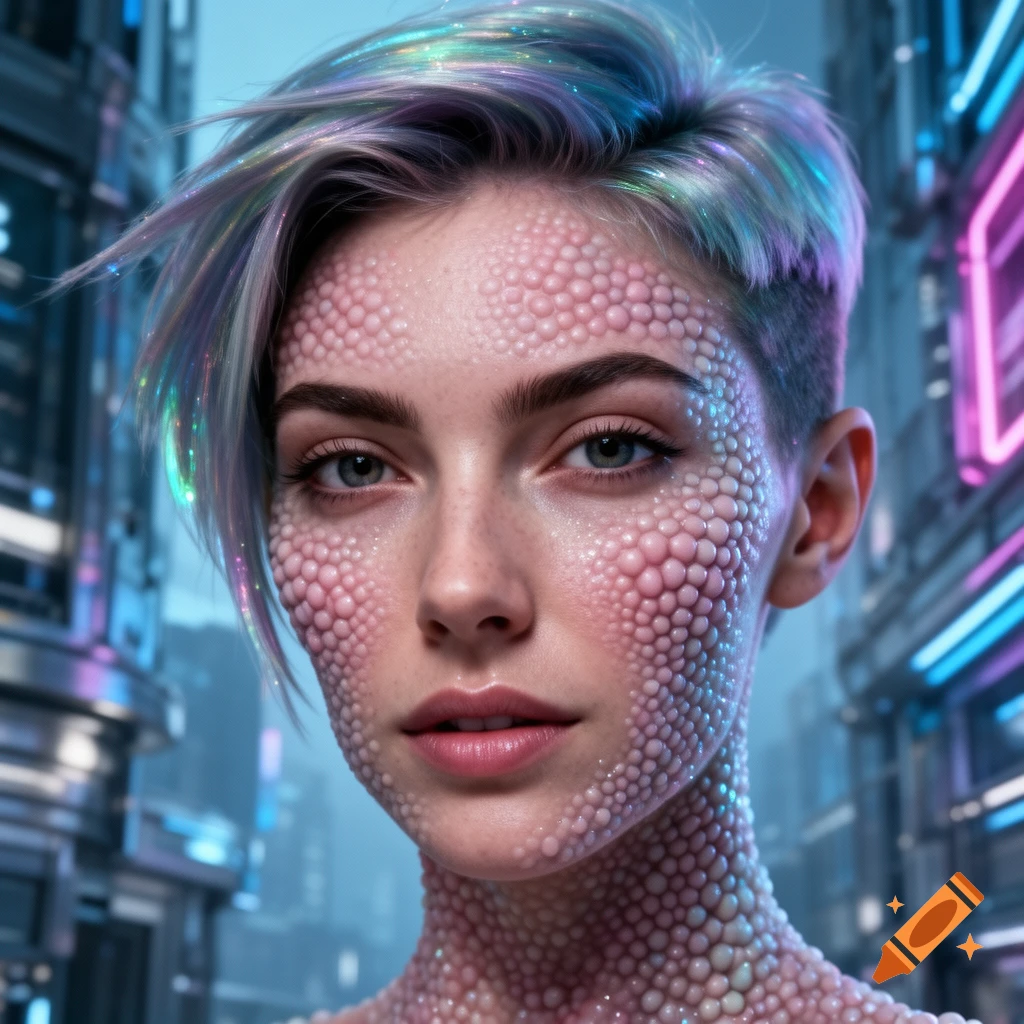A futuristic woman with iridescent hair and skin covered in pink, tongue-like papillae, standing in a cyberpunk city.