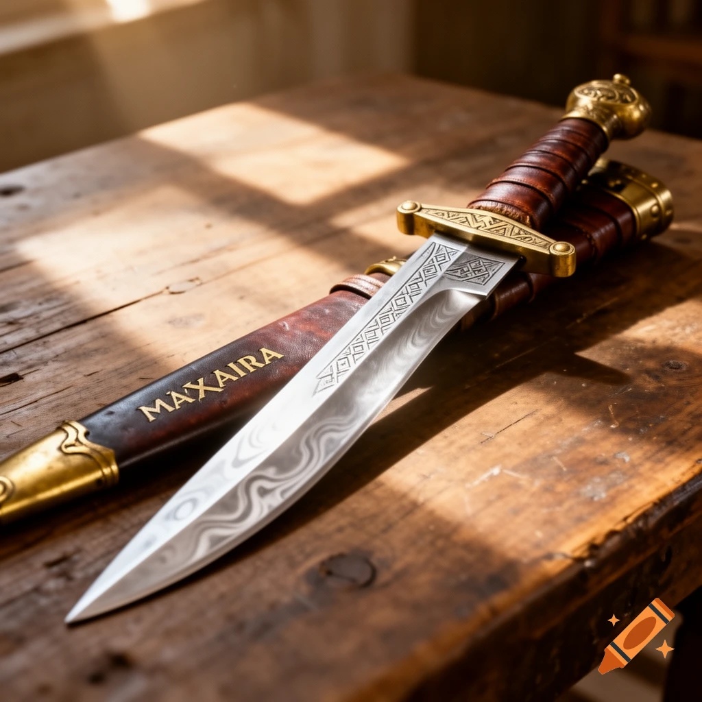 A close-up, photorealistic image of a detailed ancient sword with a decorated blade and leather-wrapped hilt and scabbard, resting on a wooden table in sunlight.