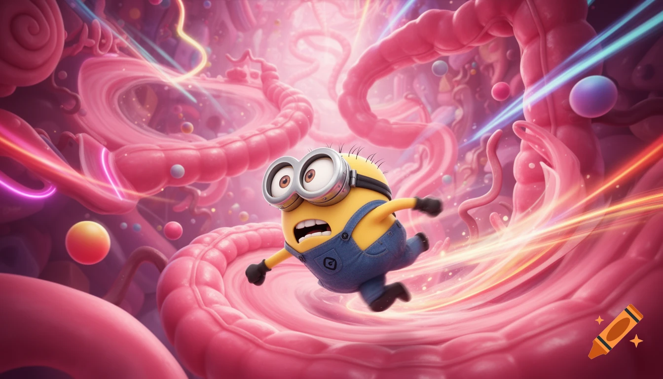 A scared Minion runs through a vibrant, pink, candy-like digestive system environment with glowing trails, in a cartoon video game style.