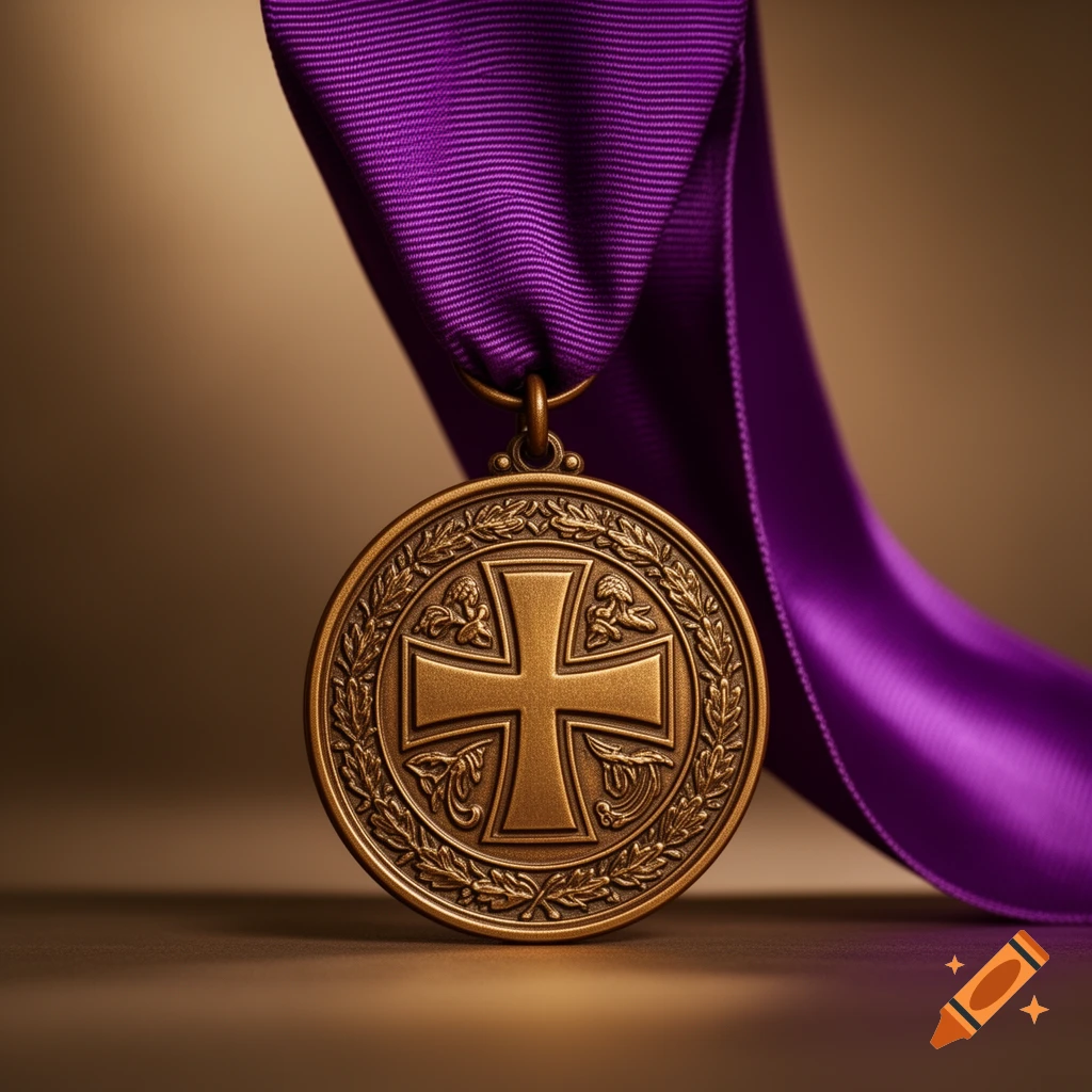 A detailed bronze medal featuring a central cross design surrounded by ornate laurels, hanging from a vibrant purple ribbon.