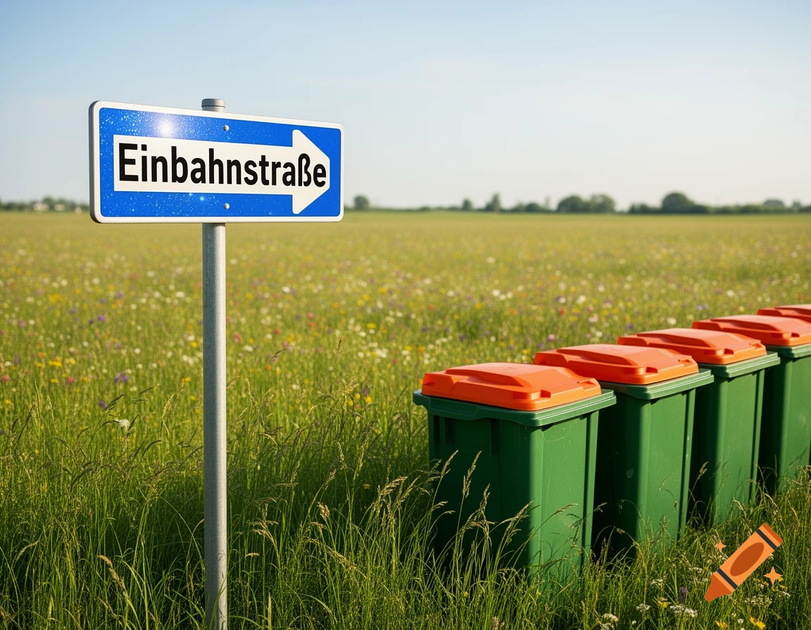 A blue and white 'Einbahnstraße' (one-way street) sign stands in a grassy field with a row of green trash bins under a clear sky.