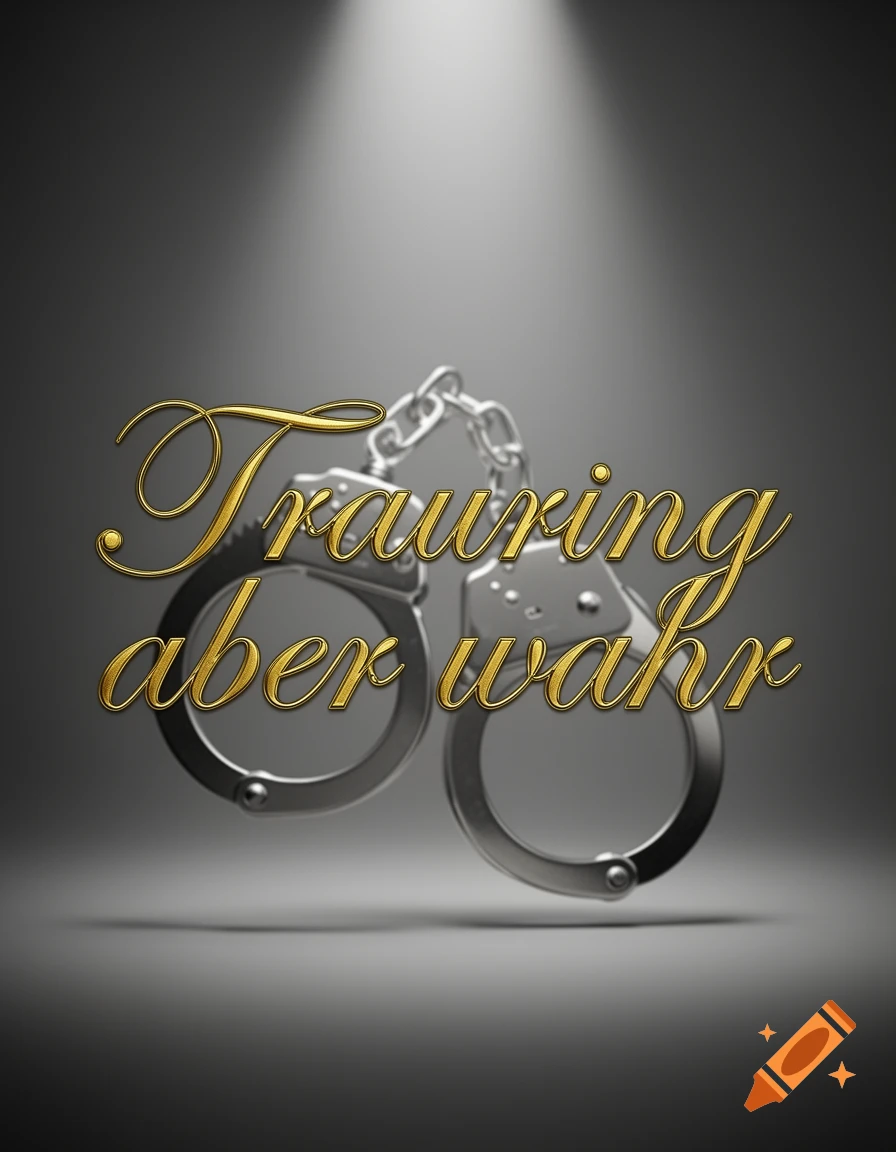 Golden text 'Trauring aber wahr' over shiny silver handcuffs in a spotlight on a dark background.
