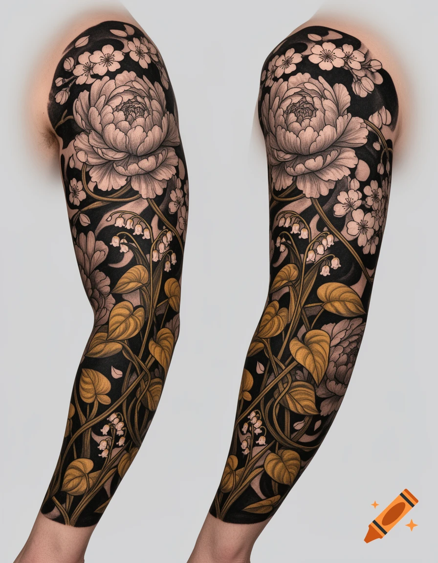 Realistic blackwork full sleeve tattoo featuring white peonies, lily of the valley, golden pothos vines, and cherry blossoms on an arm.