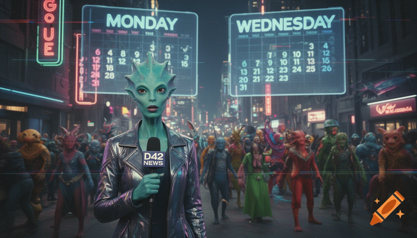 A green-skinned alien reporter in a shiny jacket holds a microphone in a bustling futuristic city street with holographic calendars and a crowd of diverse aliens.
