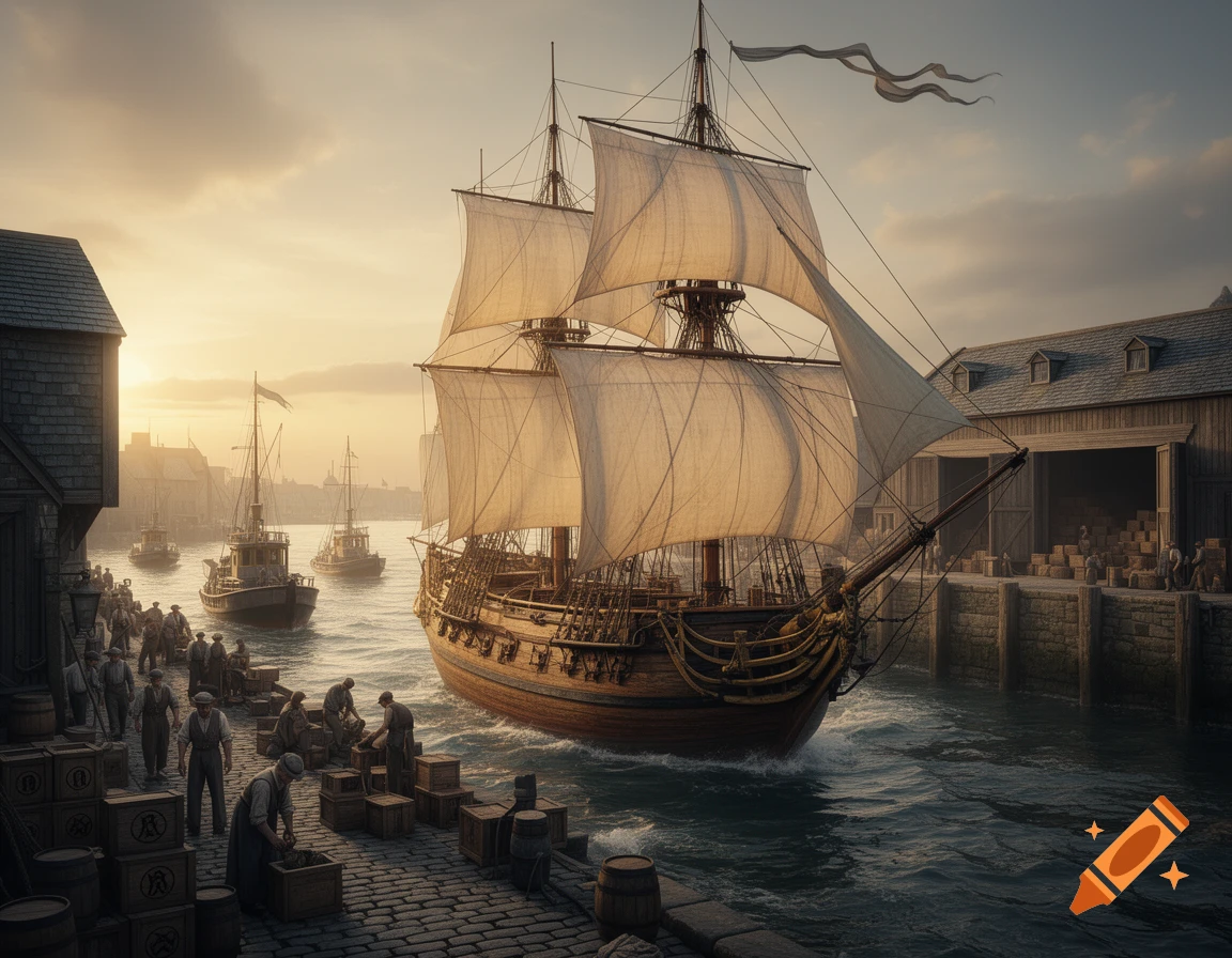 Photorealistic image of a large multi-masted sailing ship docked at a busy harbor during sunset, with workers loading crates on the cobblestone pier.