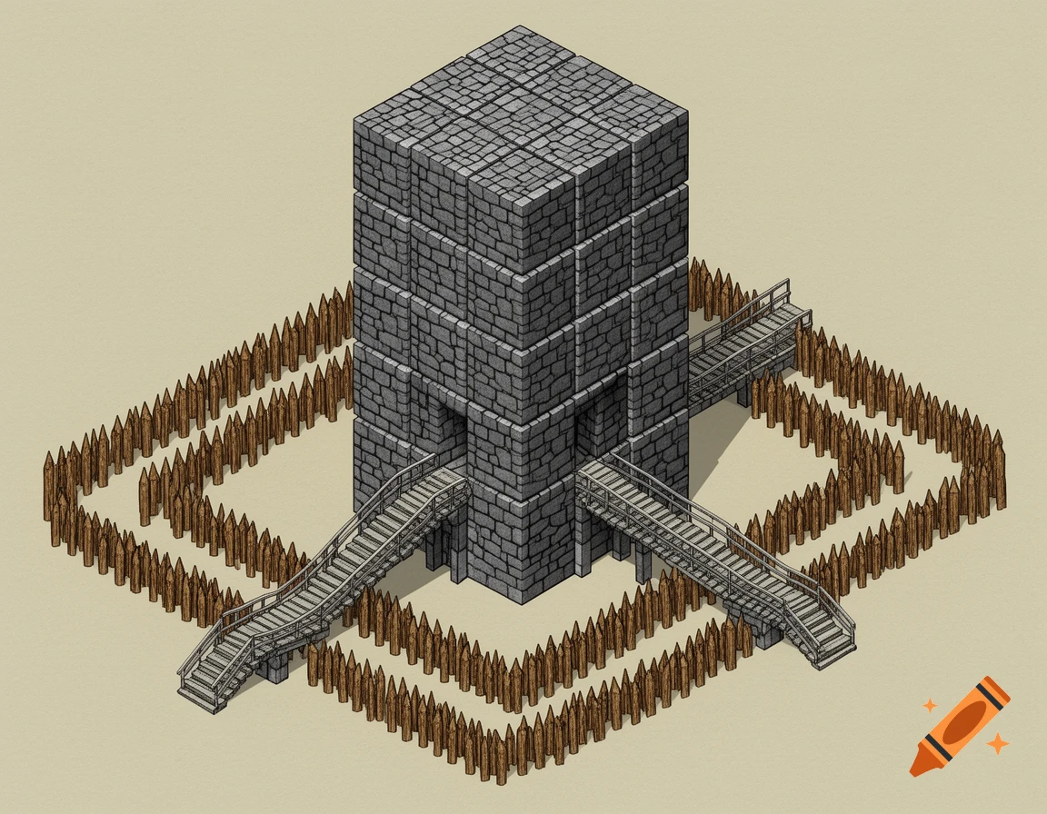 An isometric drawing of a blocky stone tower surrounded by two rows of sharp wooden spikes, with two staircases leading up to its entrances.