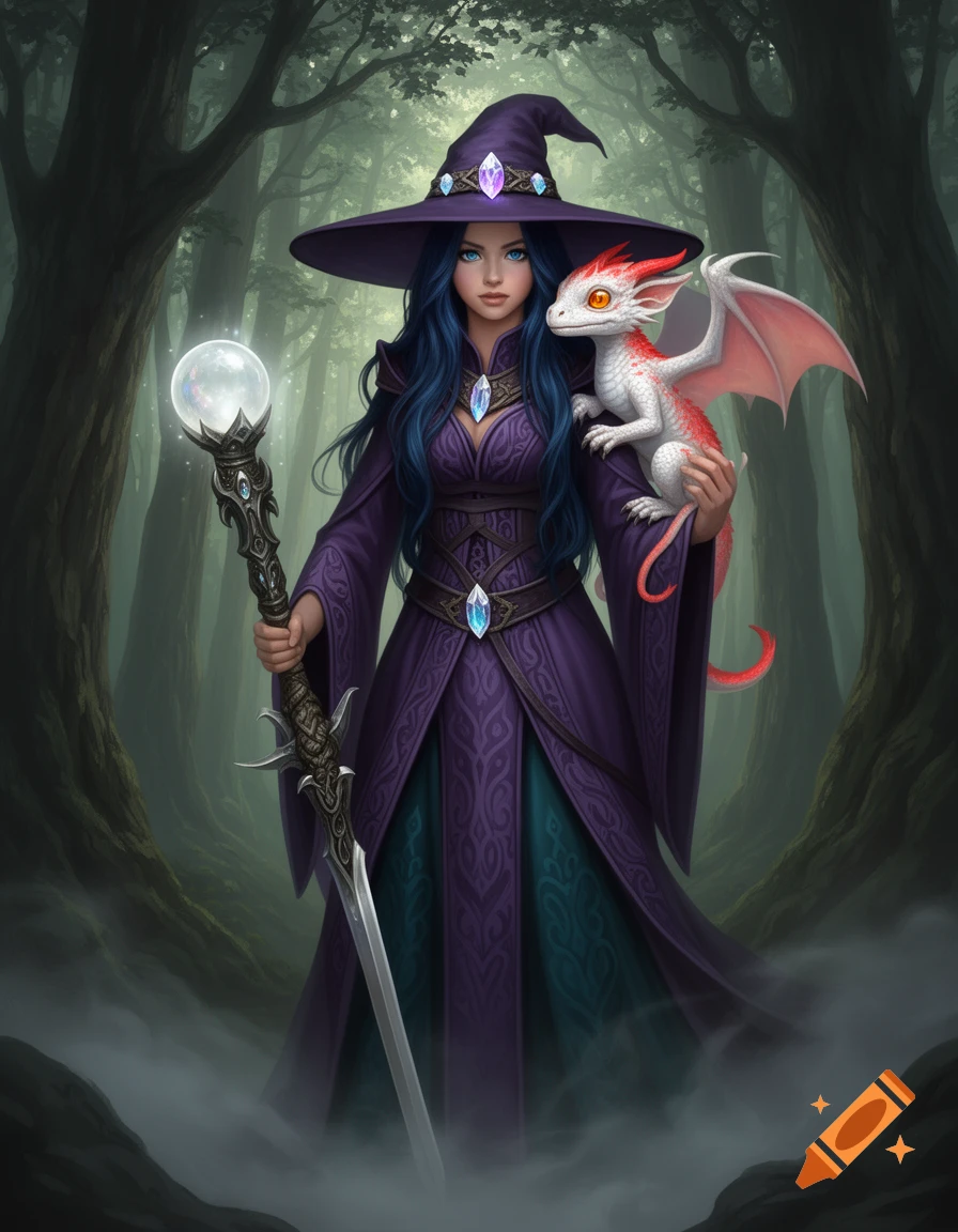 A blue-haired sorceress in a purple dress and witch hat holds a glowing staff and a white baby dragon in a mystical forest.