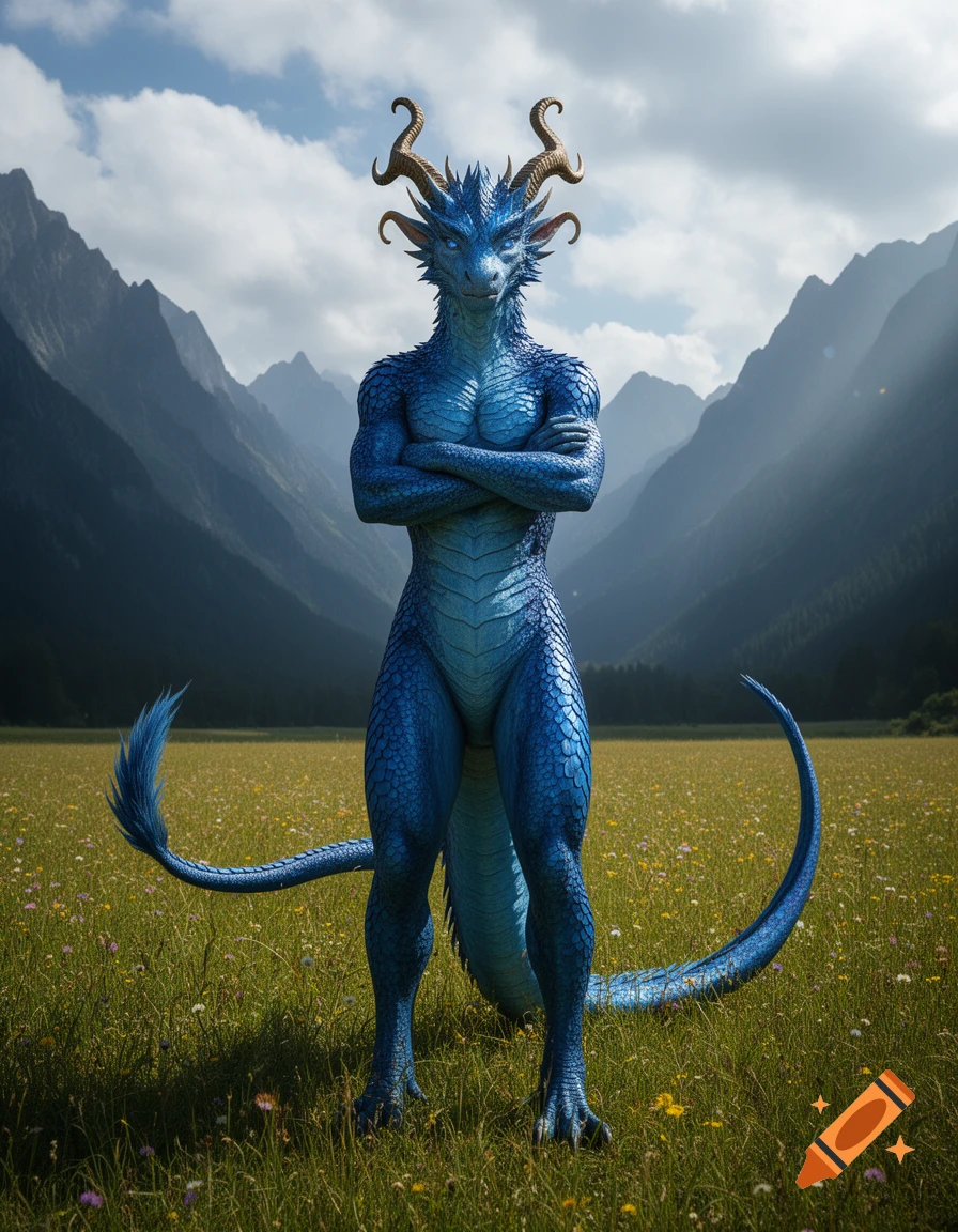 A photorealistic blue dragon-like creature with horns and a tail stands with crossed arms in a flowery mountain meadow.