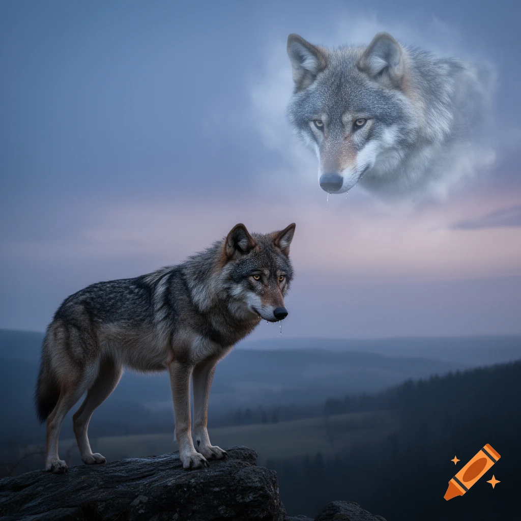 A photorealistic wolf stands on a rocky cliff, with a ghostly wolf head floating in the dramatic twilight sky above, both appearing to weep.