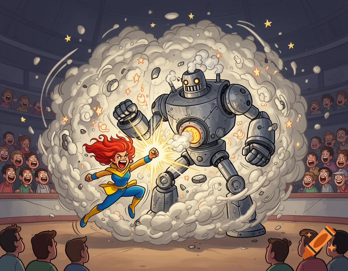 A cartoony image of a red-haired woman punching a giant metal robot in an arena, surrounded by a large smoke cloud and cheering spectators.