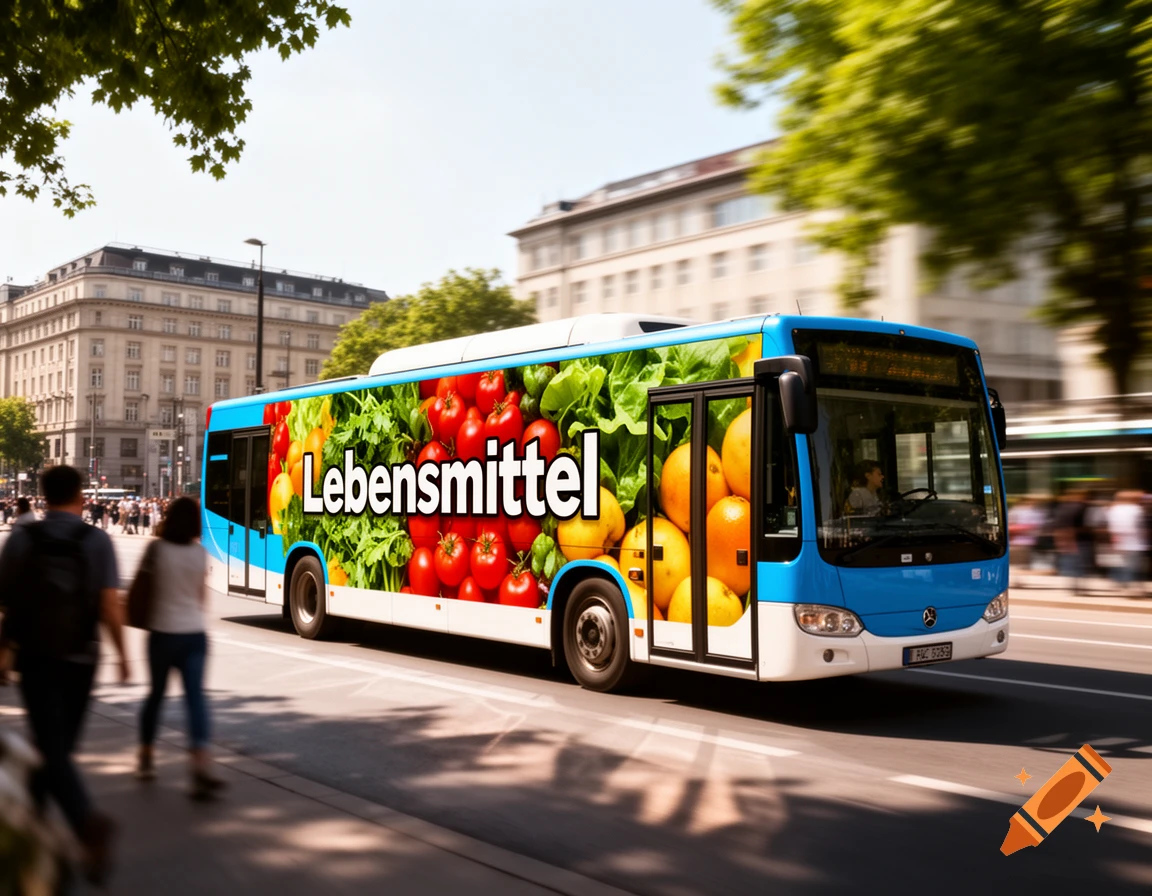 Photorealistic image of a blue and white city bus with a 'Lebensmittel' (food) ad featuring fruits and vegetables, driving down a street.