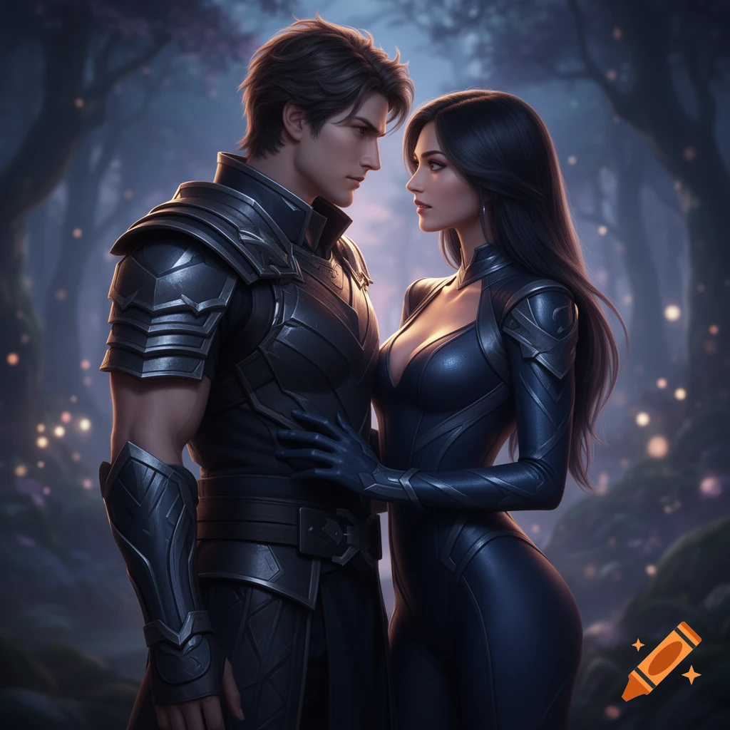 A man in dark armor and a woman in a form-fitting dark suit look at each other in a mystical, glowing forest.