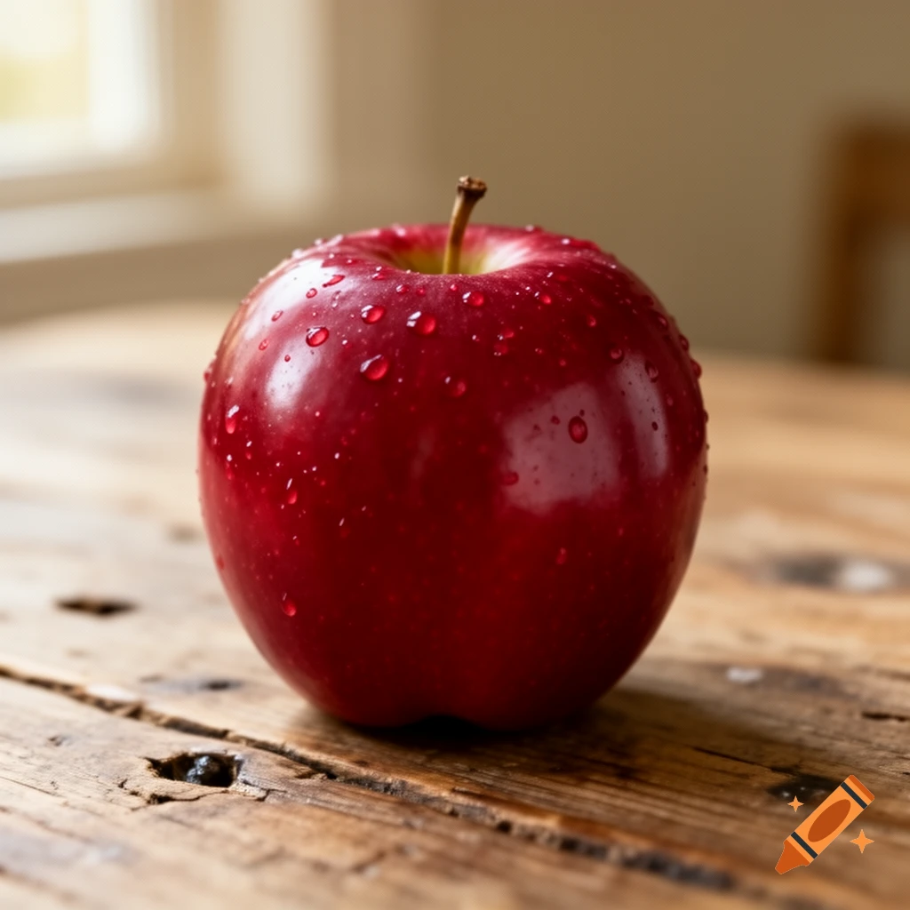 A vibrant red apple covered in water droplets sits on a rustic wooden table, softly lit by a window.