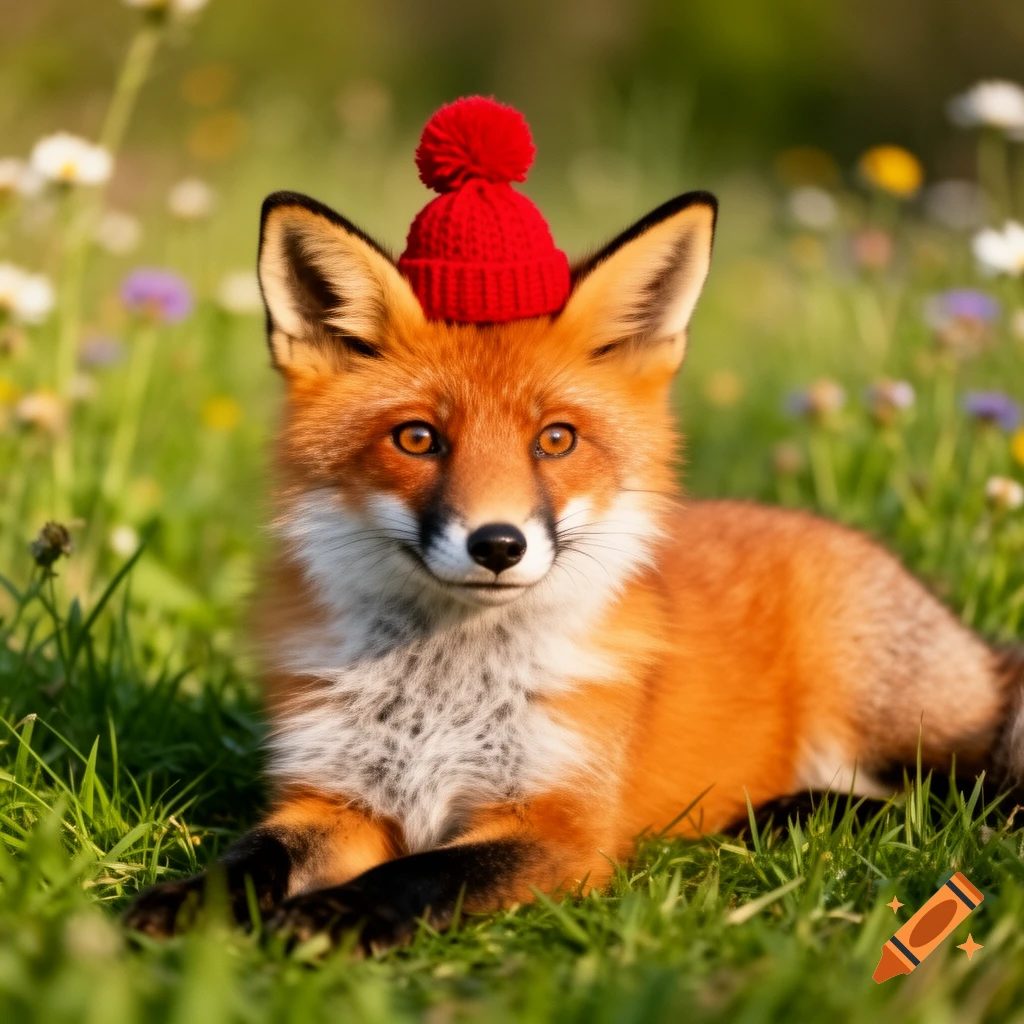 A photorealistic fox wearing a small red pom-pom hat lies in a sunny field of green grass and wildflowers.