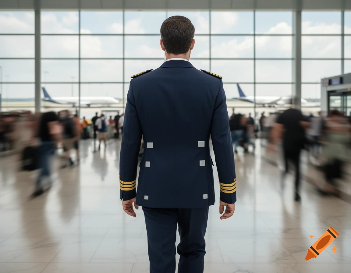 A pilot in a navy uniform walks away in a bright airport terminal, with planes visible through large windows.