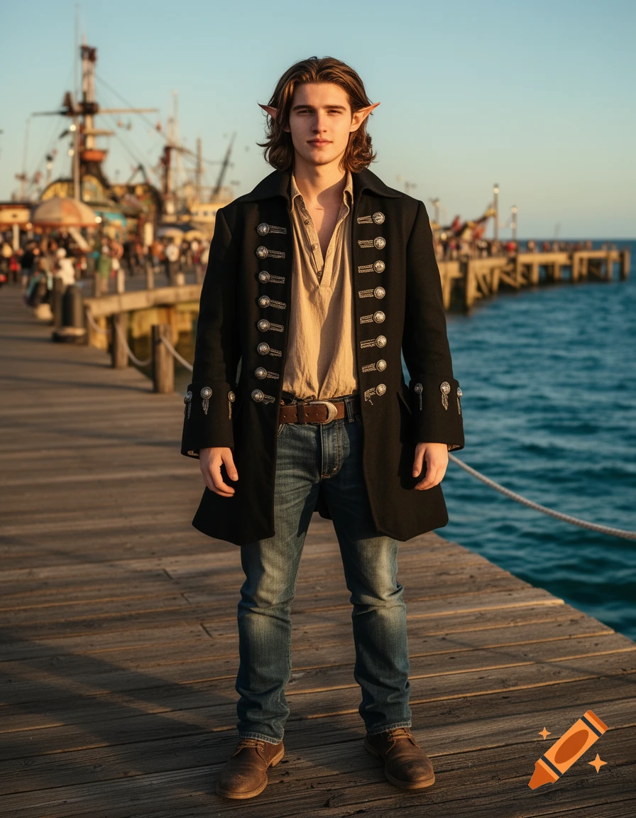 A young man with pointed ears and long brown hair stands on a pier, wearing a black pirate jacket and jeans, with ships in the background.