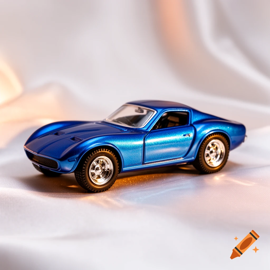 A metallic blue vintage-style toy car with chrome wheels sits on a white fabric surface.