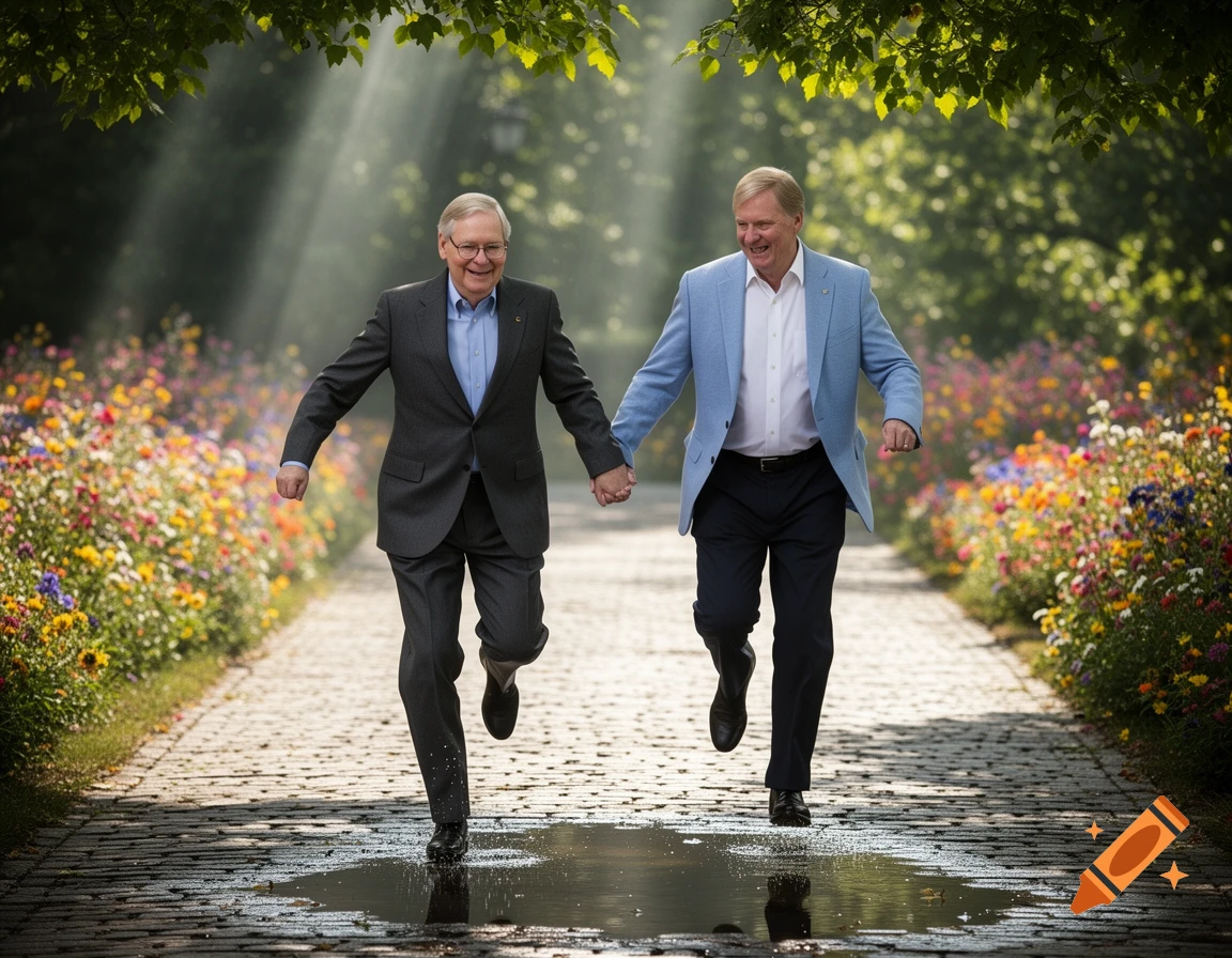 Two smiling men, resembling Mitch McConnell and Lindsey Graham, run hand-in-hand down a garden path under sunbeams.