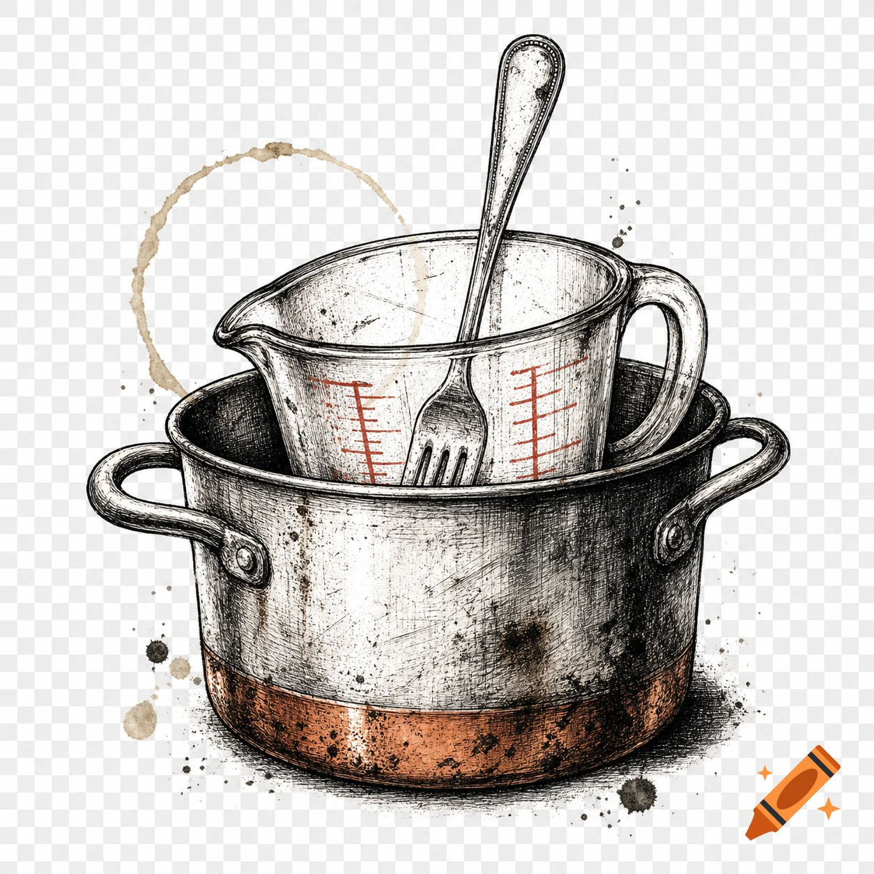 A hand-drawn, rustic illustration of a fork in a measuring cup, set inside a copper-bottom pot with coffee ring stains.