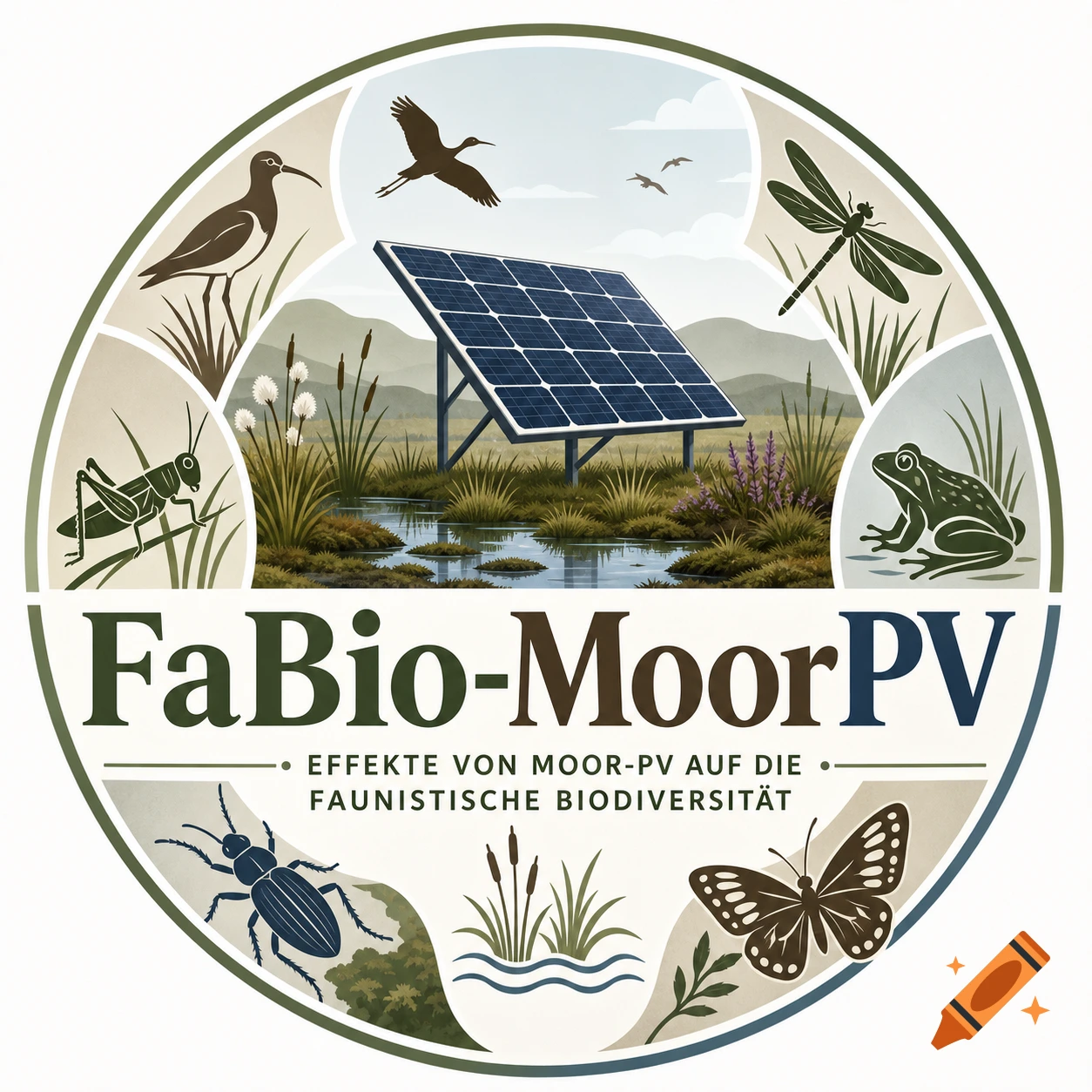 Circular logo featuring a solar panel in a marsh, surrounded by stylized wildlife, and the text 'FaBio-MoorPV'.