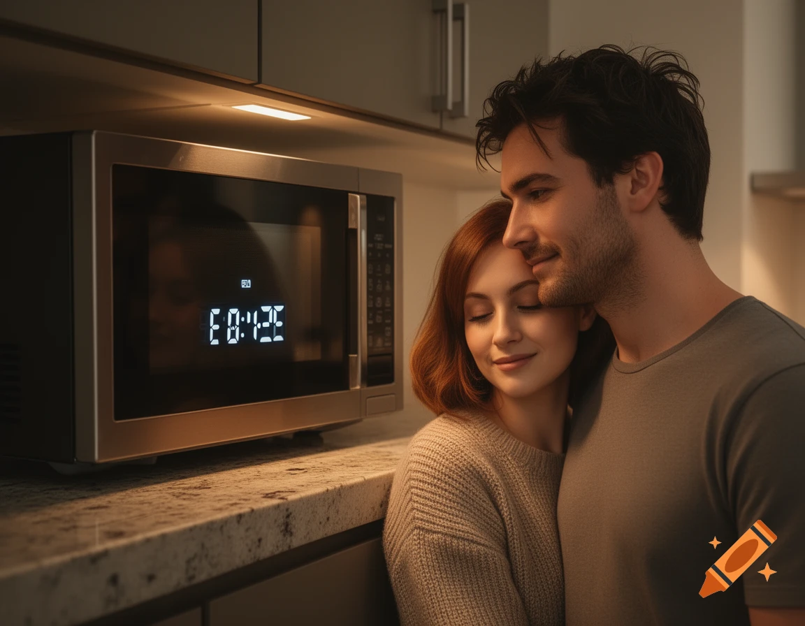 A loving couple stands close in a warm kitchen, looking at a microwave with a digital timer.