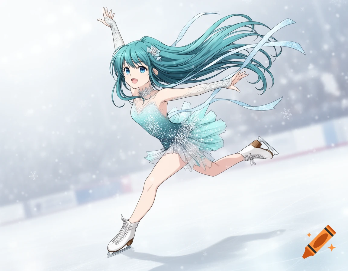 Anime girl ice skater mid-jump on an ice rink, wearing a sparkling blue and white dress, with long teal hair.