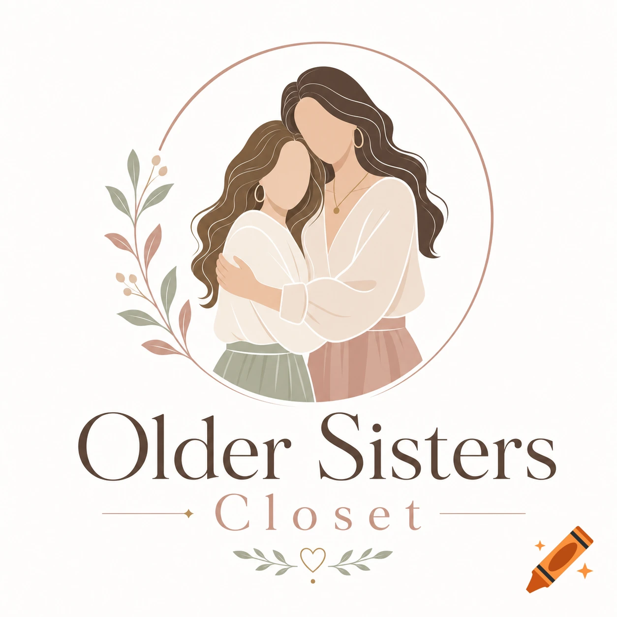 Stylized logo of two faceless women embracing, framed by a circle and botanical elements, with 'Older Sisters Closet' text.