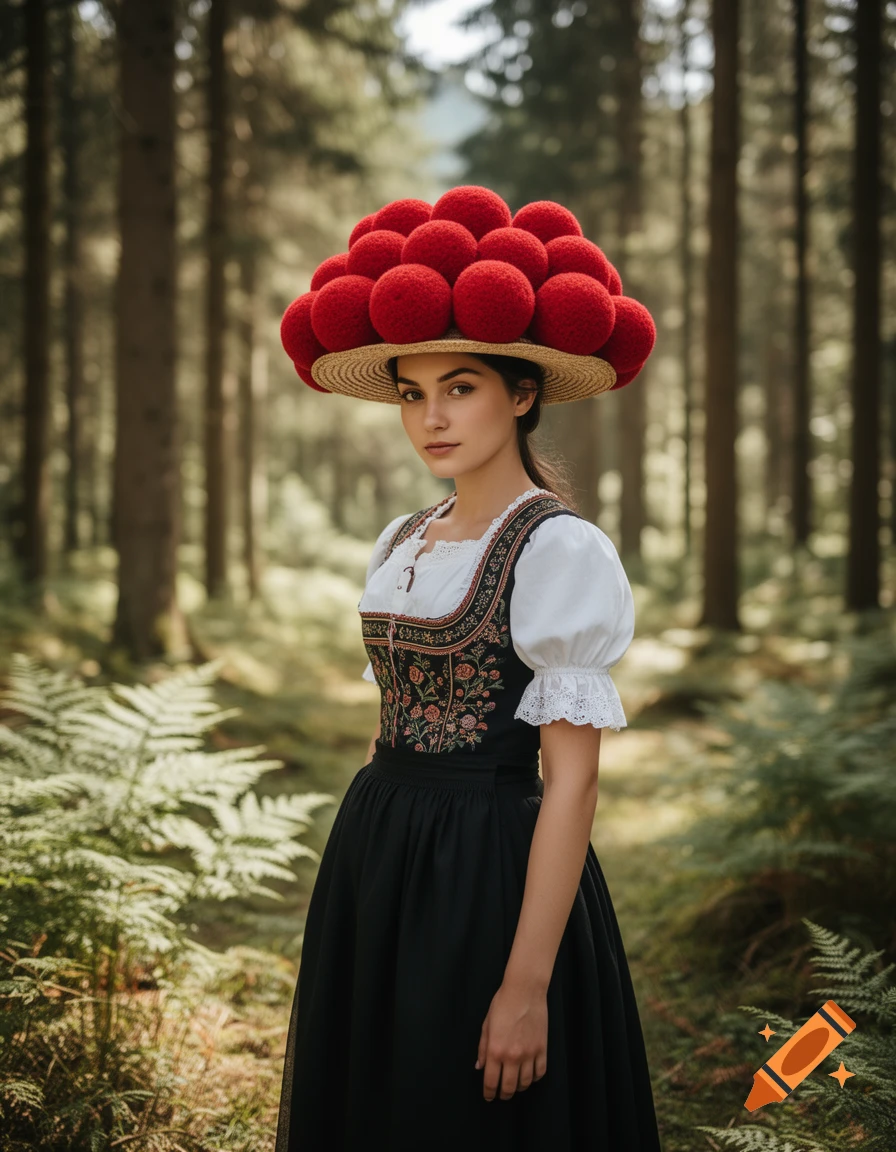 A young woman in a traditional German Dirndl and a red Bollenhut hat stands in a forest.