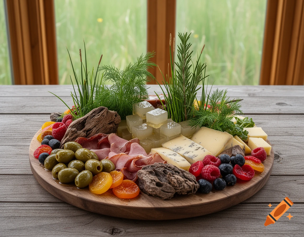 A charcuterie board laden with olives, sliced ham, cheeses, raspberries, blueberries, dried apricots, clear cubes, and herbs on a wooden table.