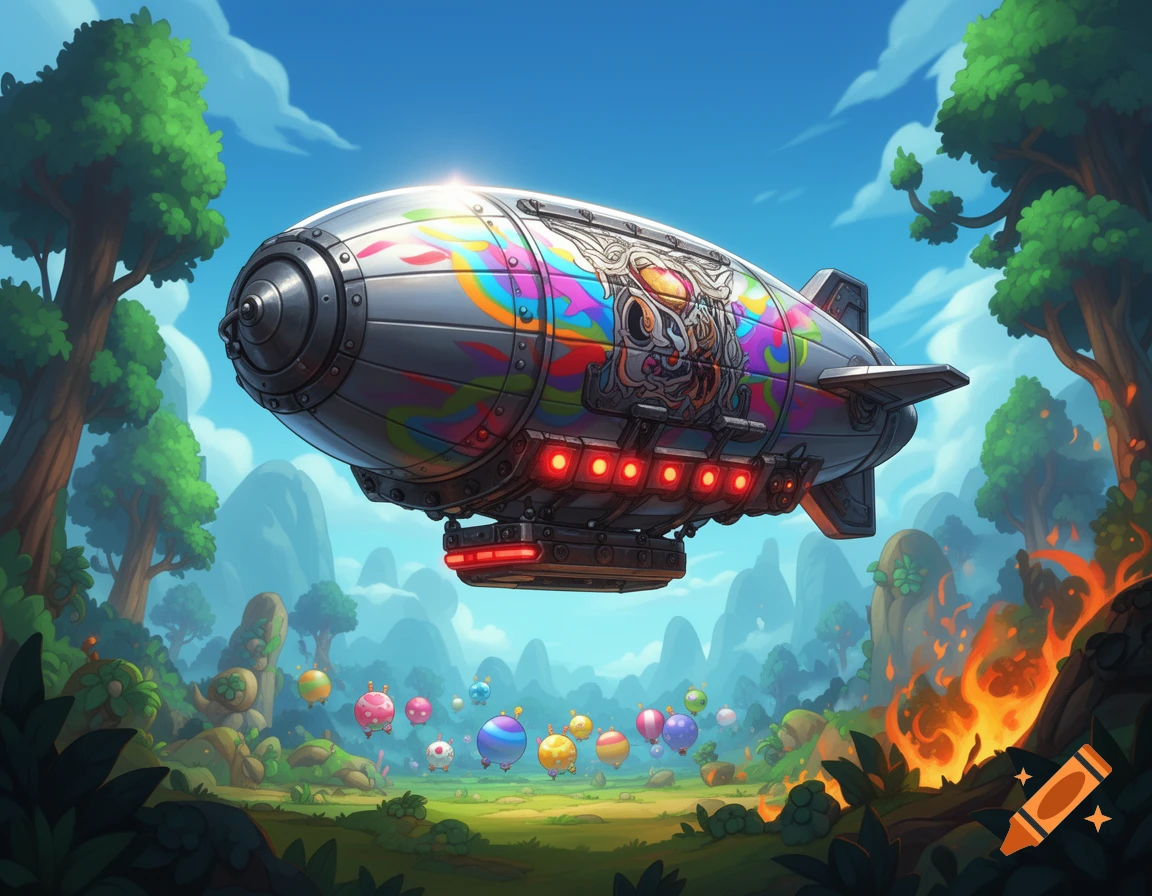 A colorful, cartoon blimp with a skull design and red lights flies over a vibrant green landscape with mountains, trees, and small floating orbs.