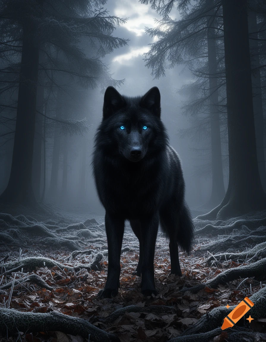 A black wolf with glowing blue eyes stands in a dark, foggy forest with frosted roots and fallen leaves.