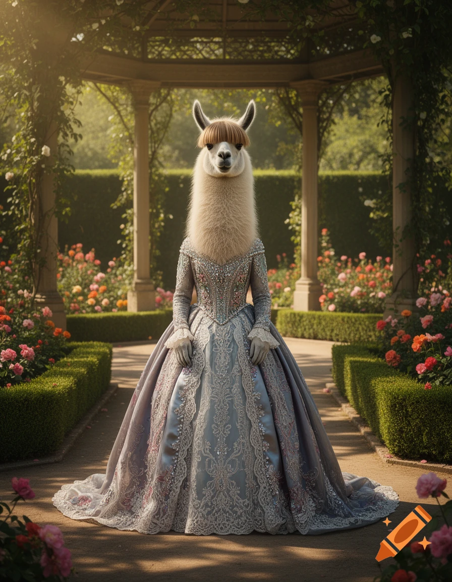 A photorealistic llama with a short haircut stands in a shimmering, ornate blue and silver gown within a lush rose garden.