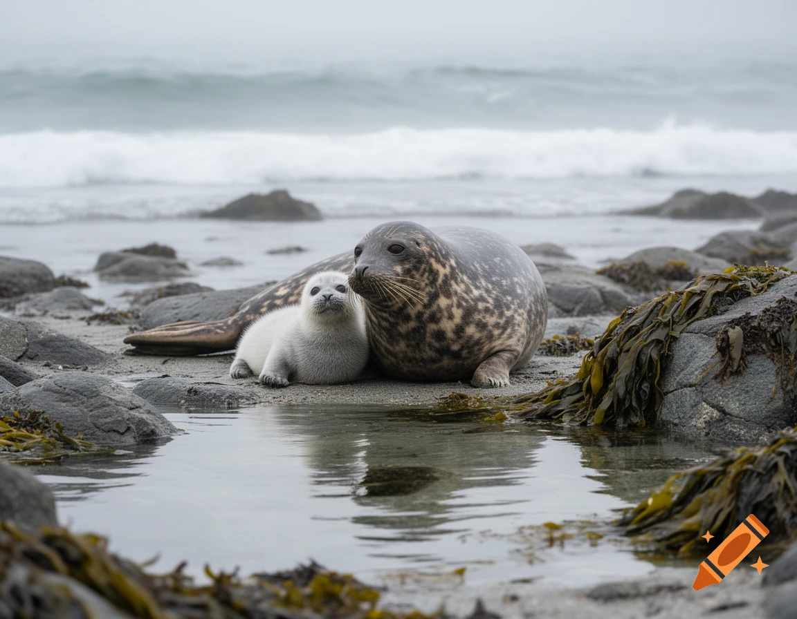 A mother seal and a small white baby seal lie on a rocky beach near the ocean with waves, photorealistic.