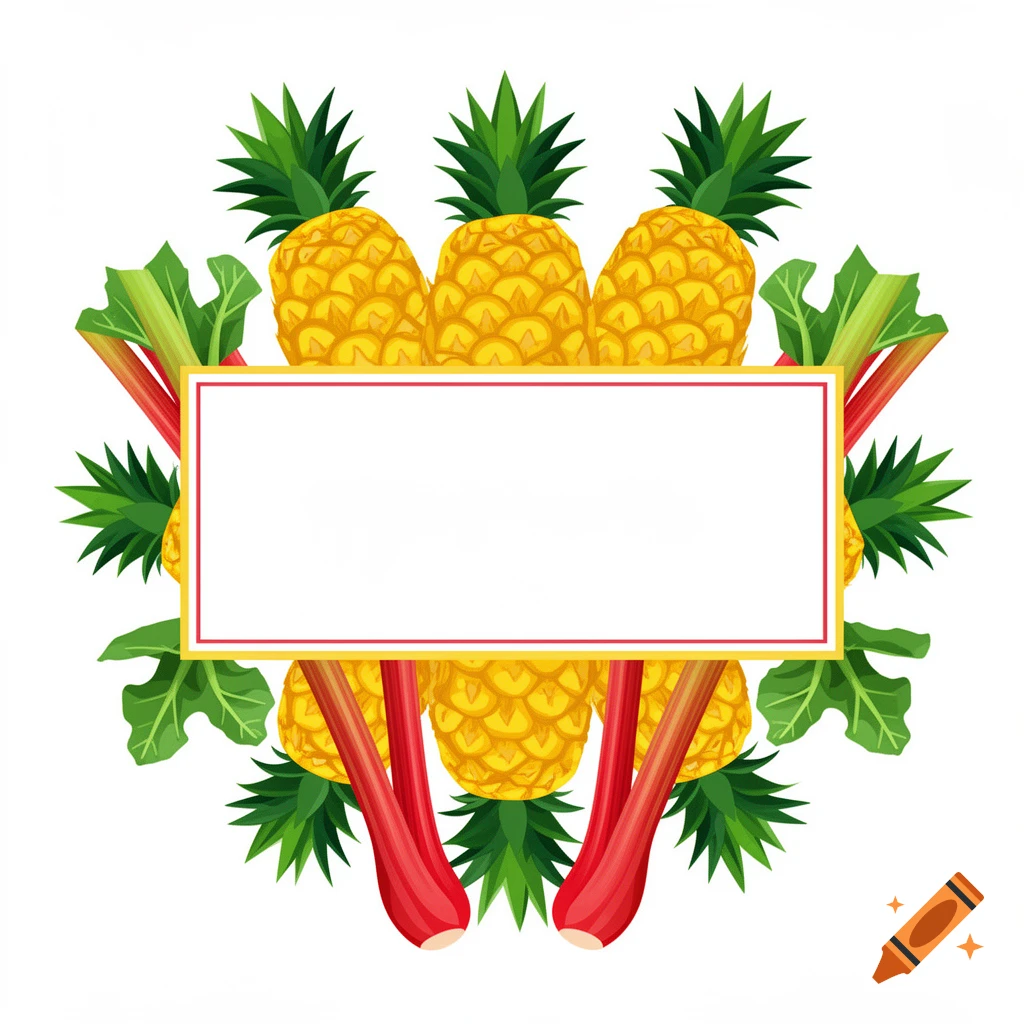 An illustration of a blank white label with red and yellow borders, framed by golden pineapples and red rhubarb stalks with green leaves.