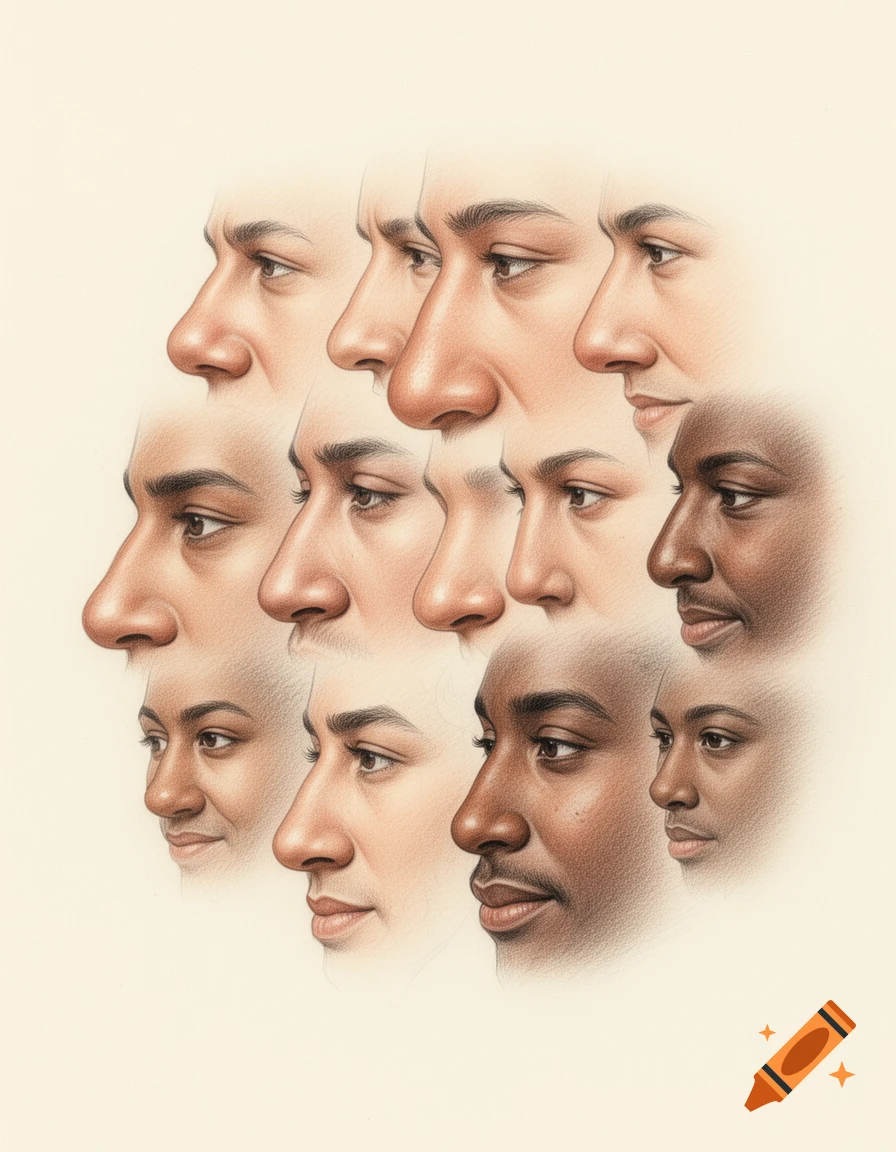 Detailed pencil drawings of multiple human faces in profile, showcasing diverse nose shapes.