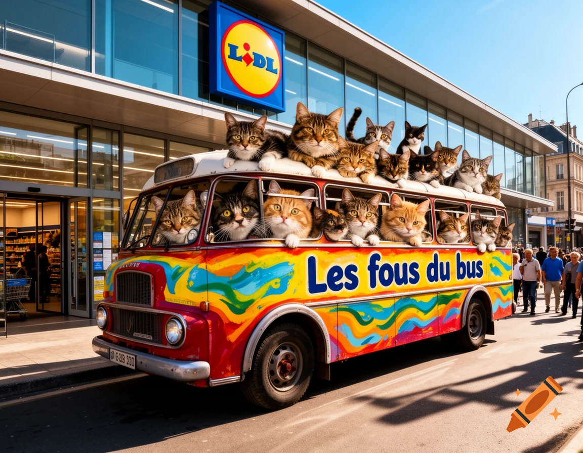 A colorful bus full of cats is parked in front of a Lidl supermarket on a sunny day. The bus has 'Les fous du bus' written on its side.