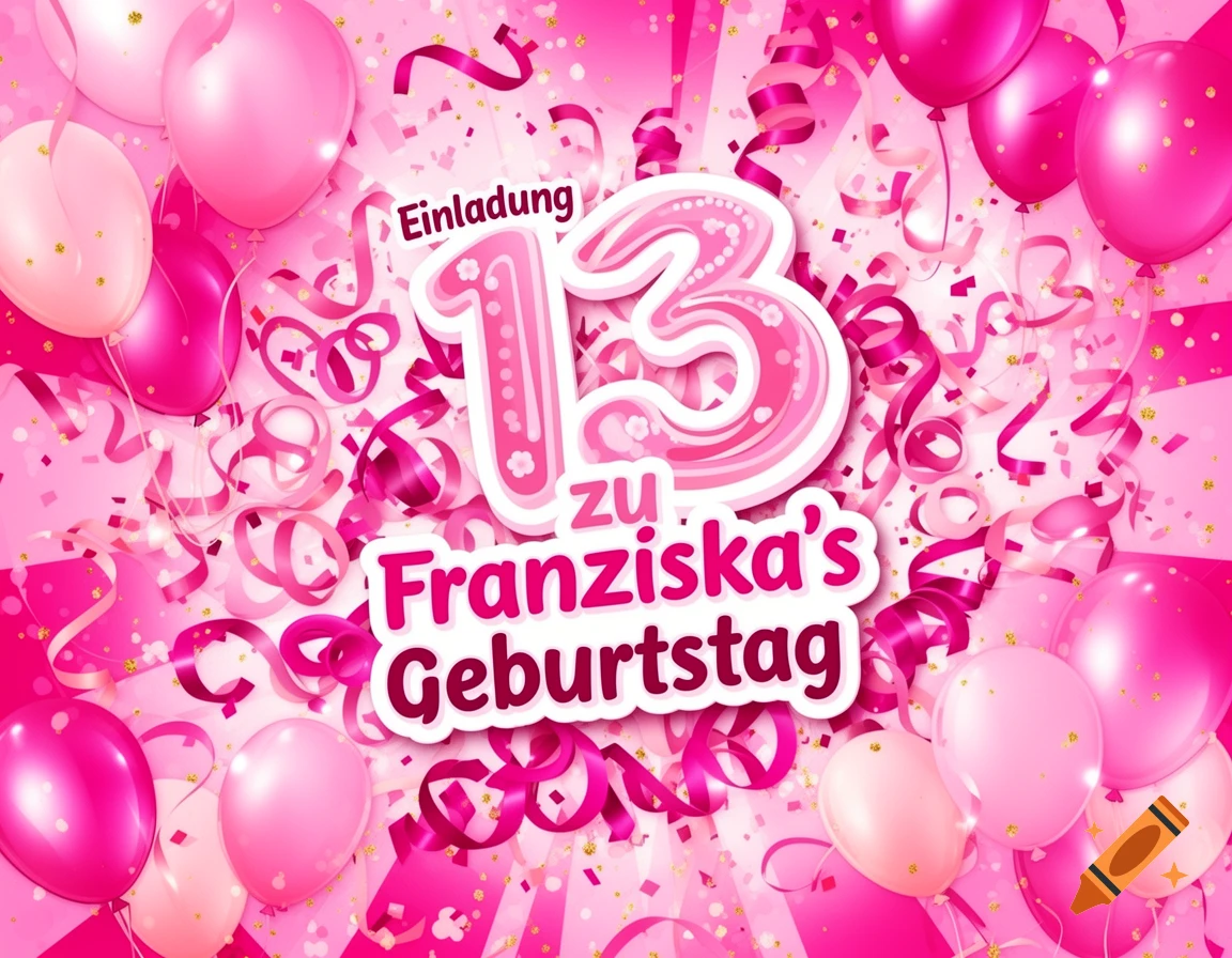 Pink birthday invitation with balloons, confetti, and text 'Einladung 13 zu Franziska's Geburtstag'.