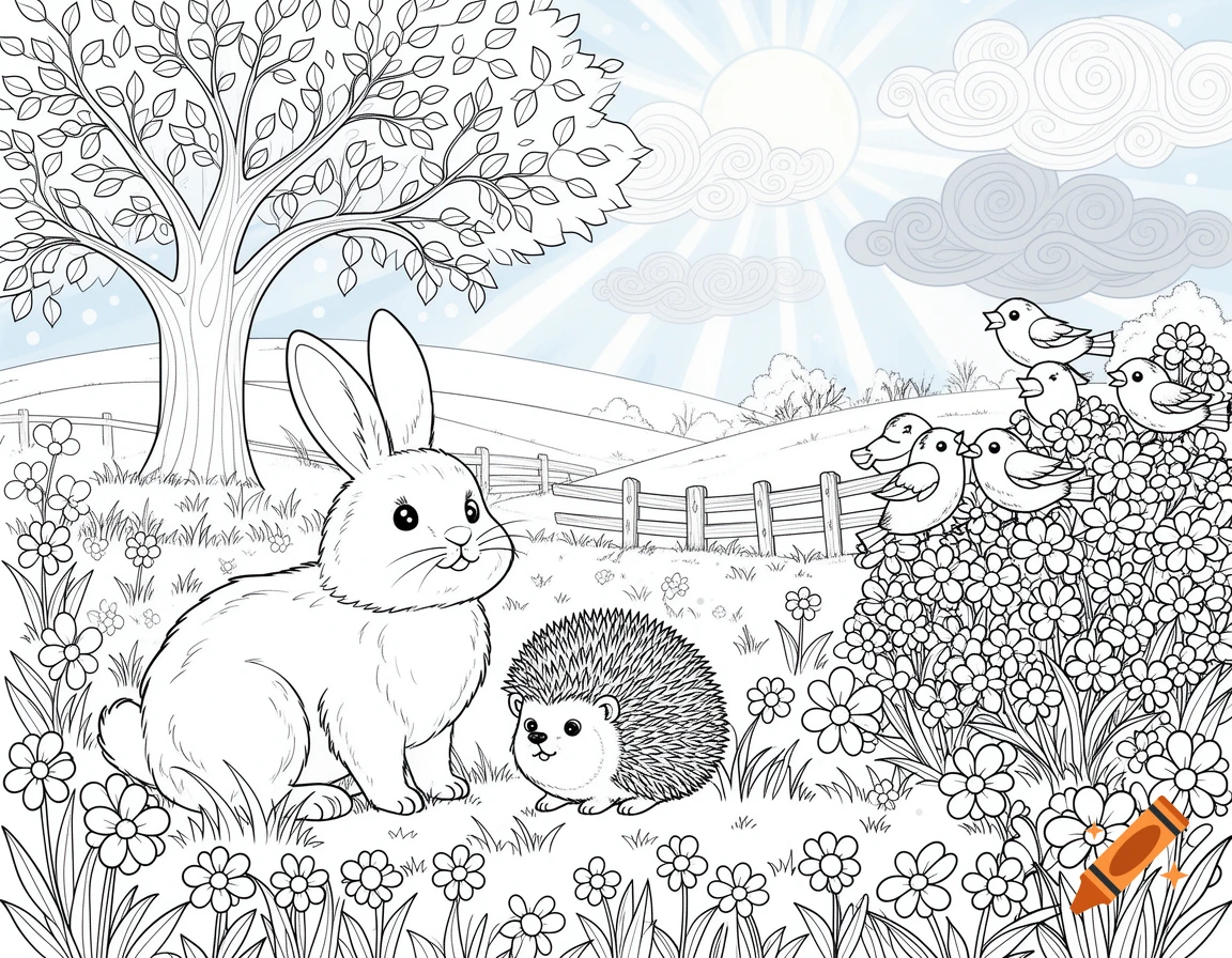 Line art coloring page of a rabbit and hedgehog in a flowery field with birds on a bush, under a tree and sunny sky.