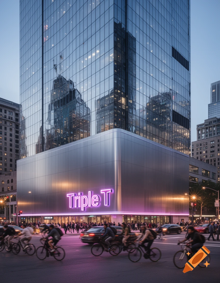 A modern glass skyscraper with 'Triple T' in neon purple on its lower facade at dusk, with cyclists and cars blurred in the foreground.