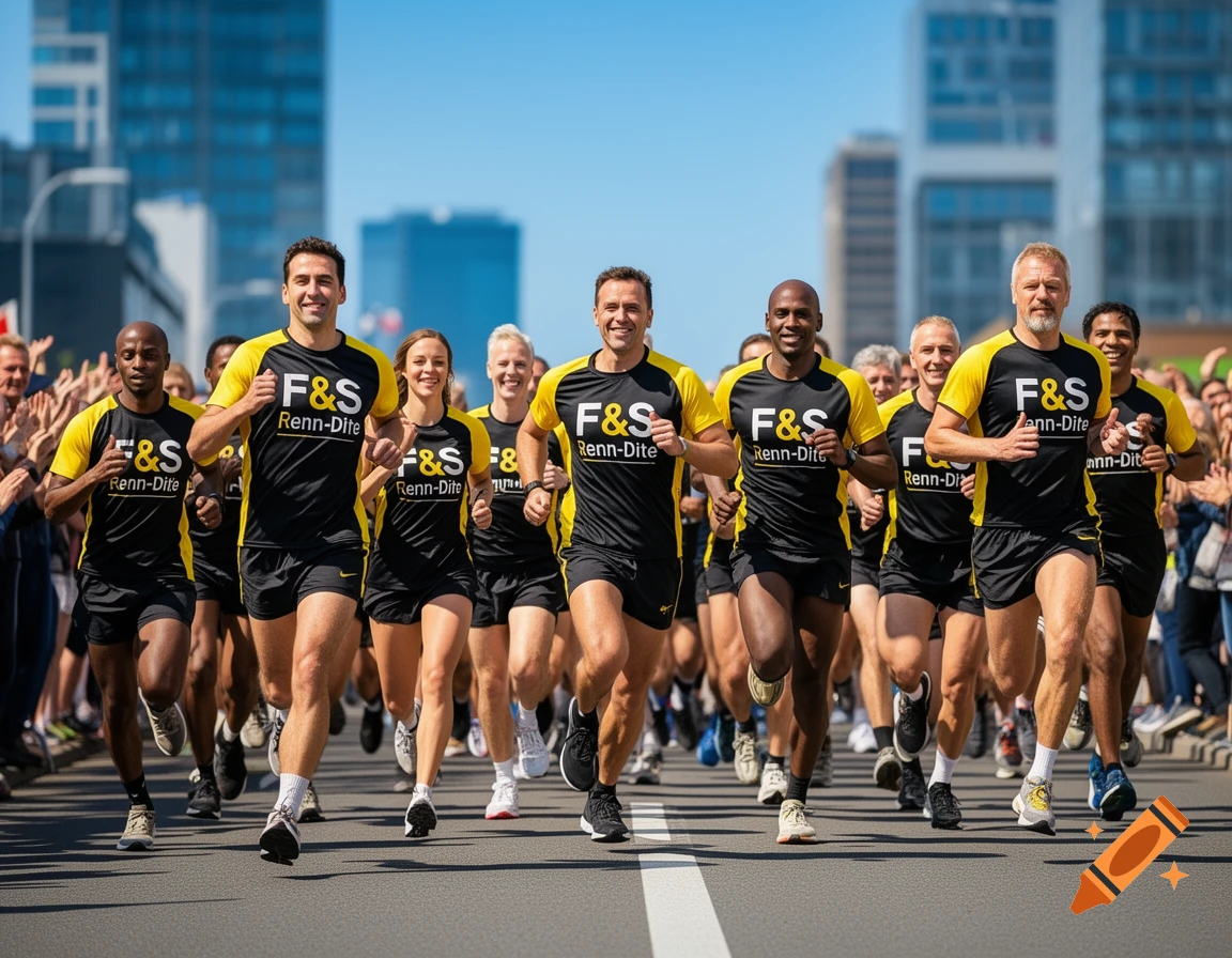 A diverse group of runners in black and yellow 'F&S Renn-Dite' shirts smiling while running a race on a city street.