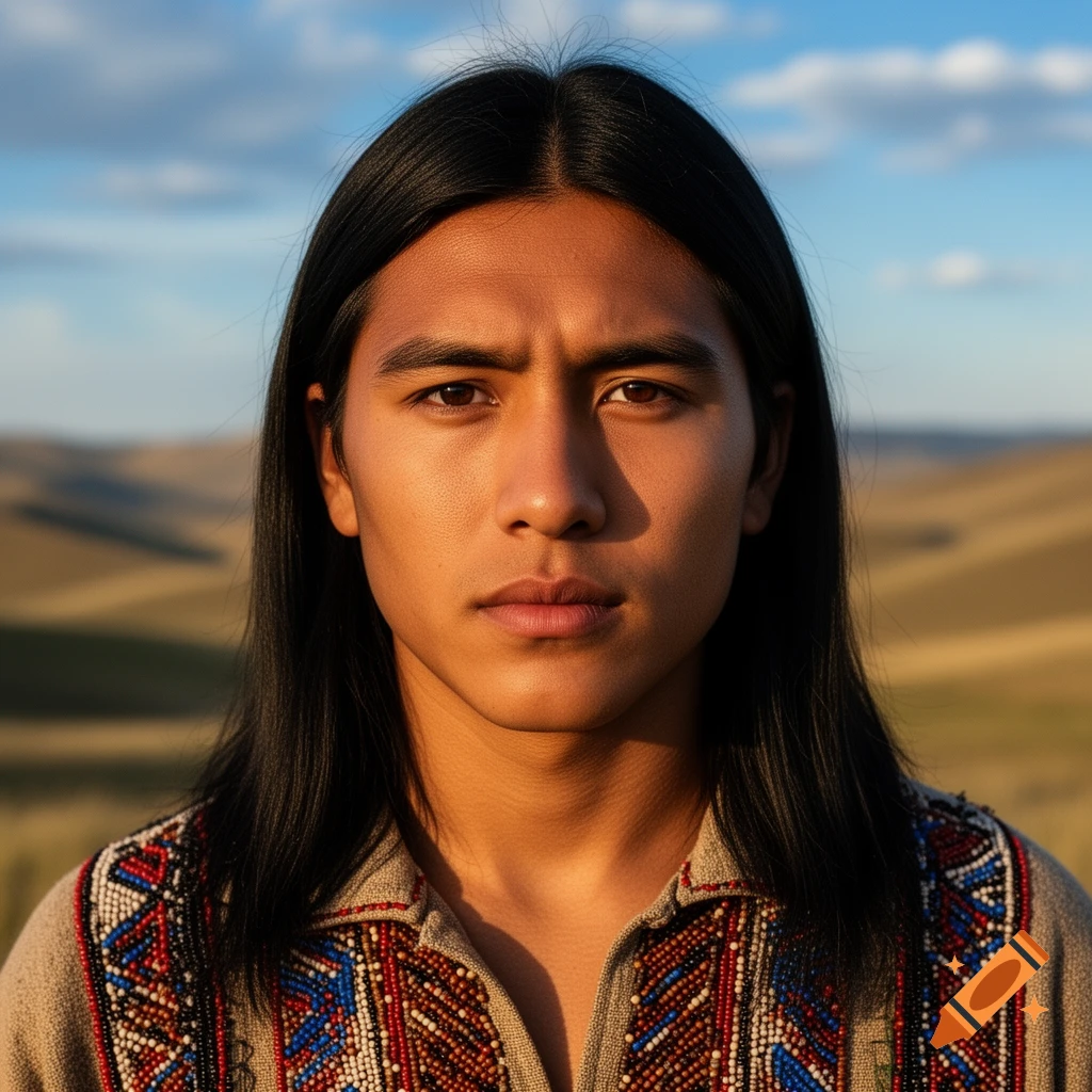 A close-up photorealistic portrait of a young man with long black hair and a beaded shirt, standing in a field.