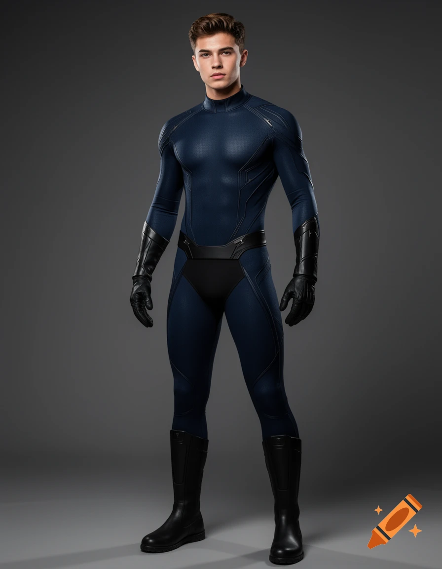 A full body, photorealistic image of a young adult male superhero in a dark navy blue, form-fitting futuristic suit with black gloves, boots, and trunks.