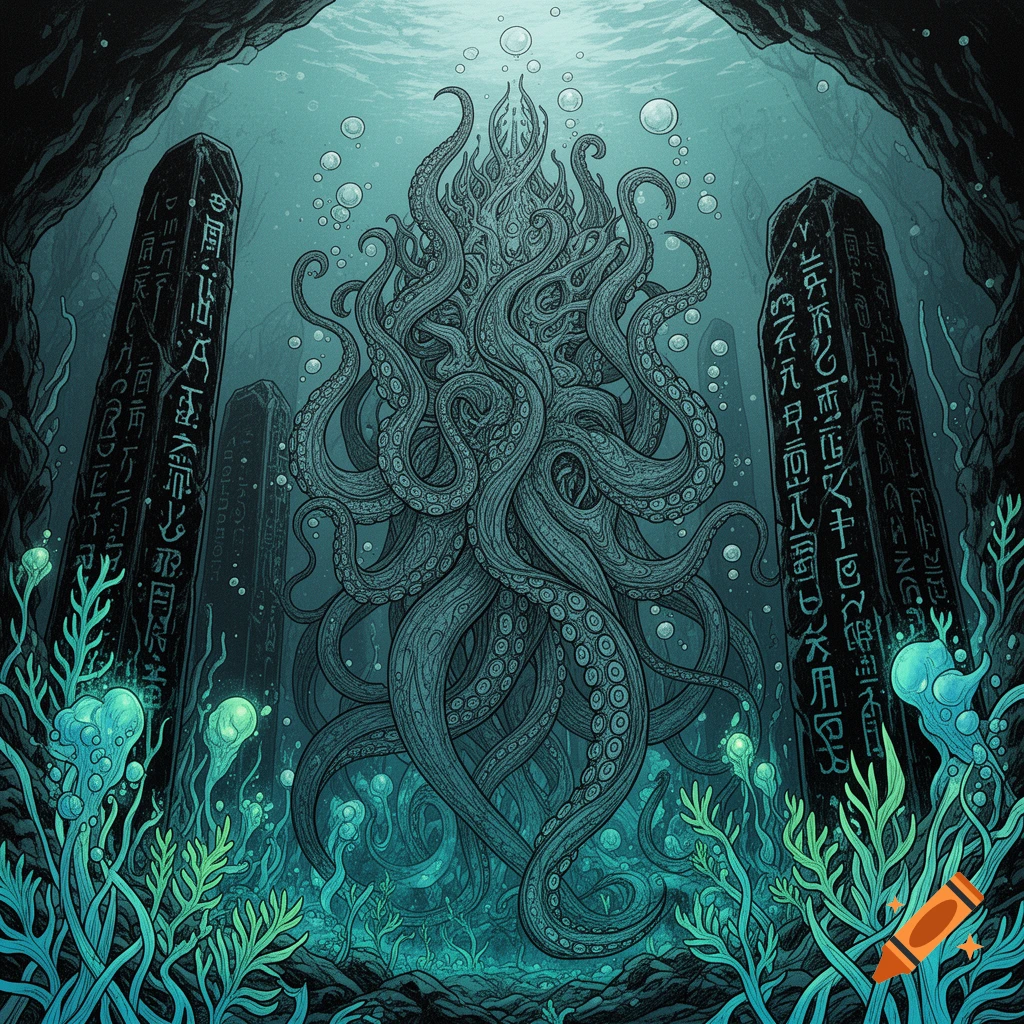 Stylized underwater illustration of a massive tentacled creature emerging from the seabed, flanked by ancient monoliths with glyphs and glowing flora.