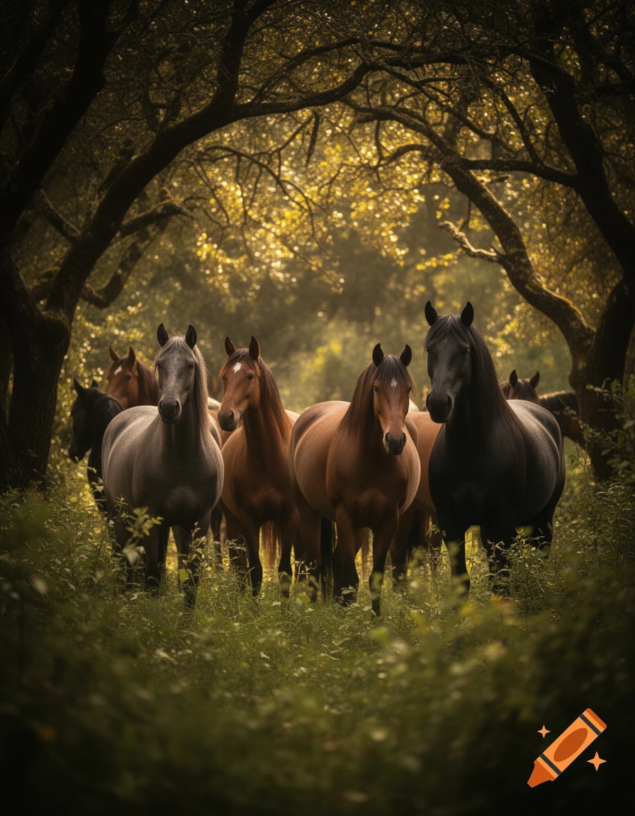A herd of horses in shades of grey, black, and brown stand in a sun-dappled forest, surrounded by green foliage.