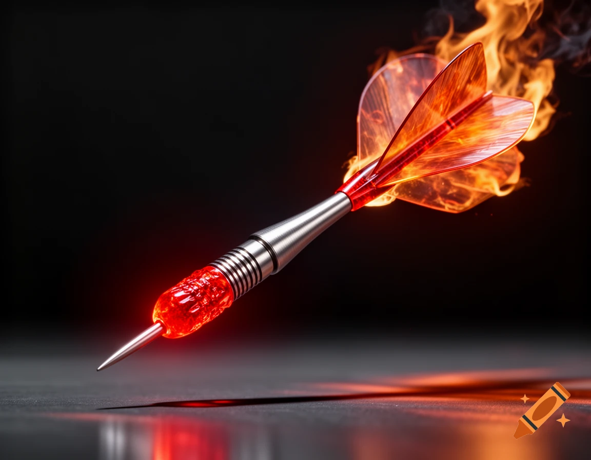 A photorealistic steel dart with a glowing red tip and fiery fletching, casting a reflection on a dark surface.